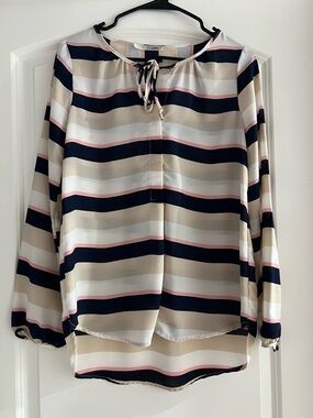 Gibson Boutique Striped Tie-Neck Long-Sleeve Blouse - Size Medium